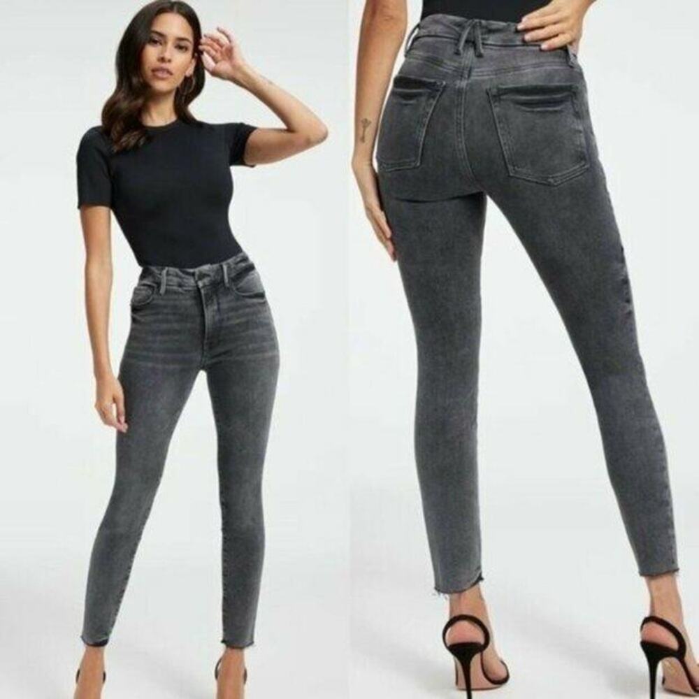 Good American Good Legs Crop Jeans in Black215 Raw Hem